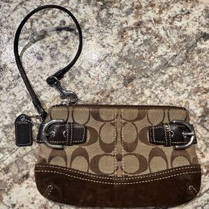 Coach Dark Brown and Tan Wristlet with Silver and Buckle Accents